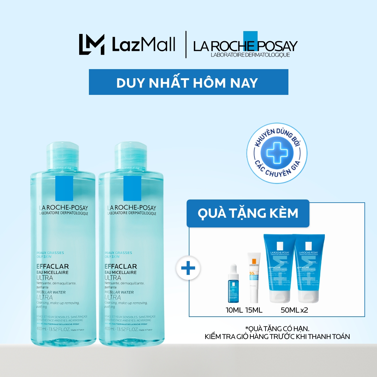 Bộ đôi nước tẩy trang  làm sạch cho da mụn, da dầu nhạy cảm La Roche-Posay Efffaclar Micellar Water 400ml