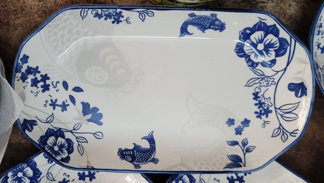 Dĩa xoài gốm sứ họa tiết 4d cá chép hoa sen - 27cm