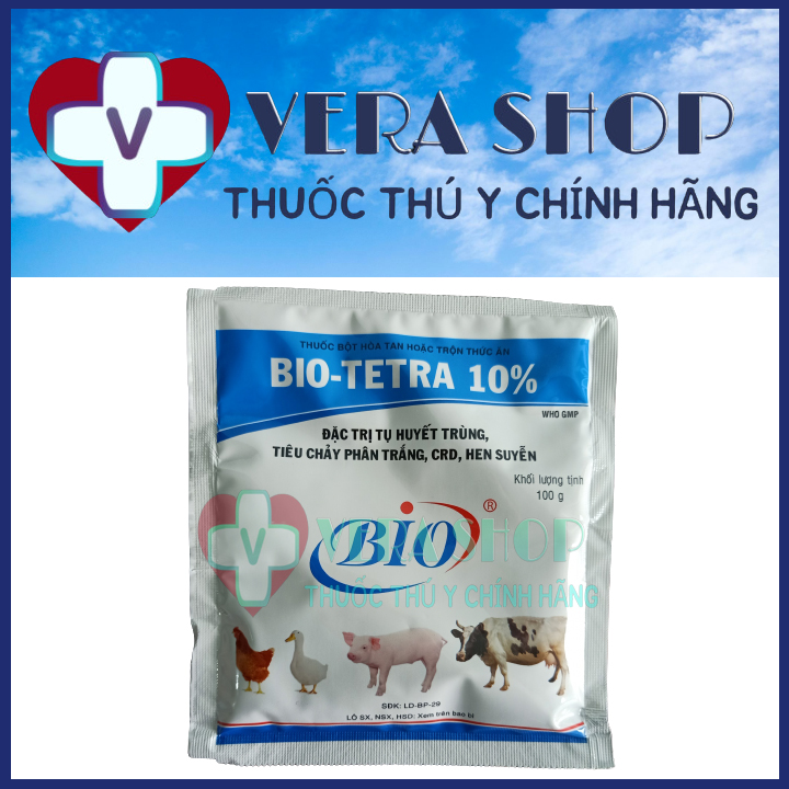 BIO TETRA 10% 100G - Thuốc trị tụ huyết trùng, tiêu chảy phân trắng, CRD, hen suyễn trên trâu, bò, heo, gia cầm, dê, cừu, chó mèo - Sỉ Lẻ Thuốc Thú Y