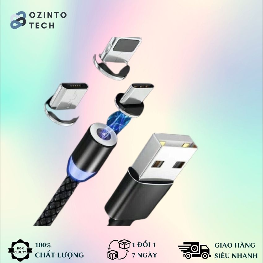 [Tặng 3 đầu sạc iPhone, Type C, Micro USB ] Dây Cáp Sạc Nam Châm Xoay 360 Độ Từ Tính Hit Mạnh cáp sạc,  dây sạc nam châm, đa dụng, tiện lợi, Ozinto Technology OT14