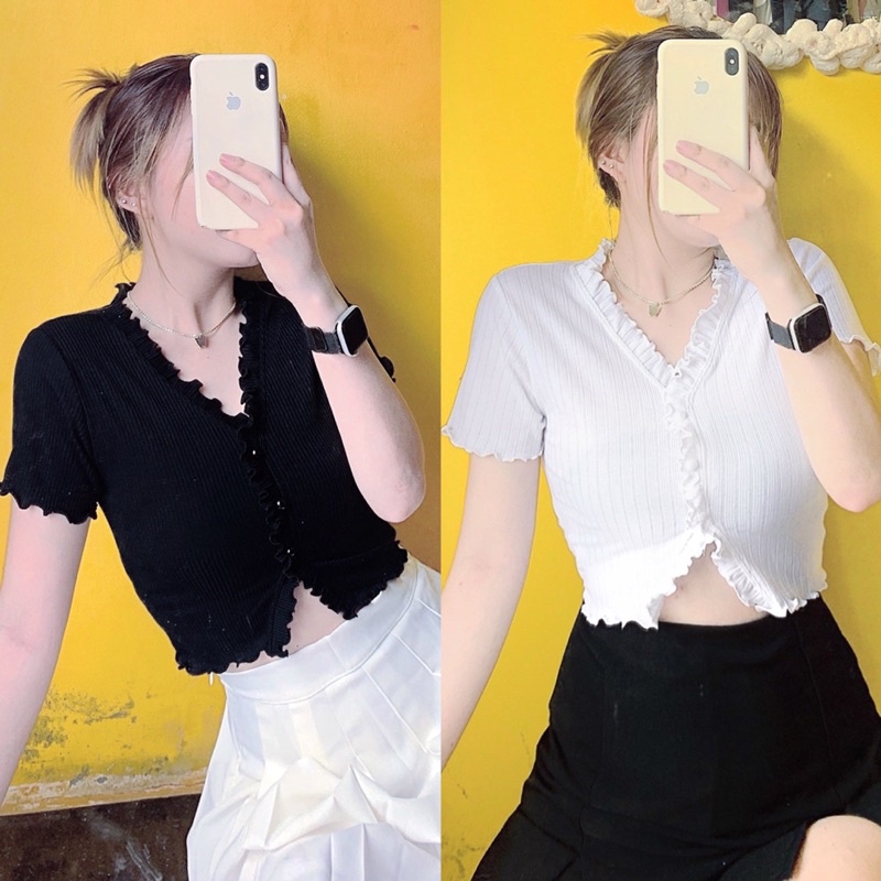 Áo croptop viền bèo cúc bật yumi bán sỉ áo croptop tay ngắn bèo thun gân co giãn cổ chữ v