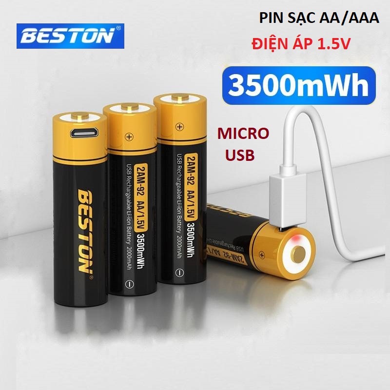 Pin sạc AA AAA BESTON chuẩn 1.5V Dung lượng cao Sạc trực tiếp qua cổng micro USB Dùng cho micro karaoke, đồng hồ, đồ chơi, điều khiển, máy đo huyết áp, chuột không dây
