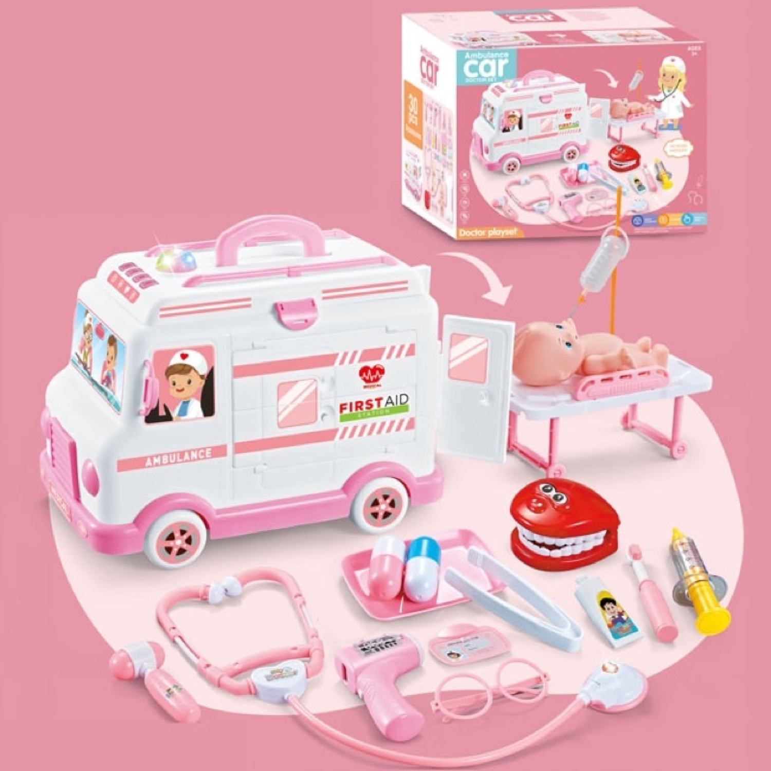 Đồ chơi bác sĩ nhập vai - xe cứu thương có đèn có nhạc, xe chạy được và biết tránh chướng ngại vật