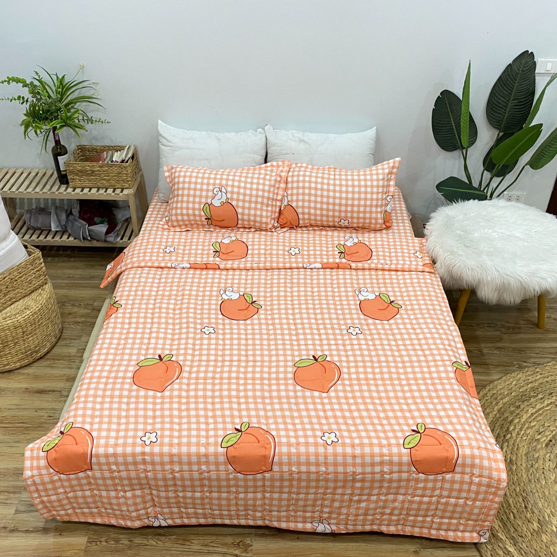 Bộ chăn ga gối cotton poly - đào cam tiệm nhà cá