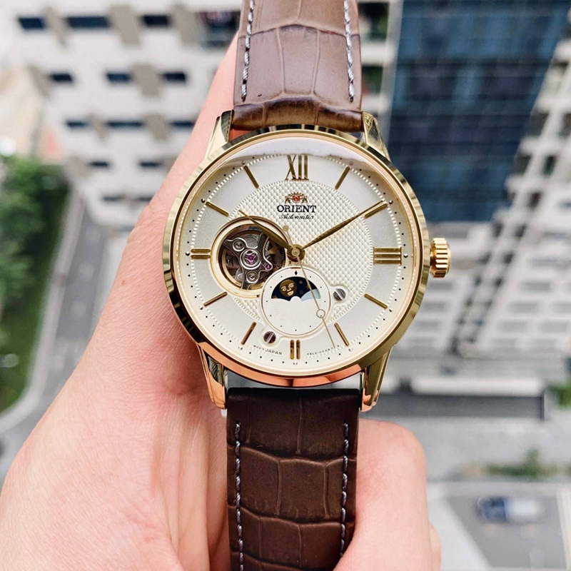 Đồng hồ cơ nam tự động automatic orient star sun and moon n013 dây da máy nhật số la mã chống nước cao cấp mới