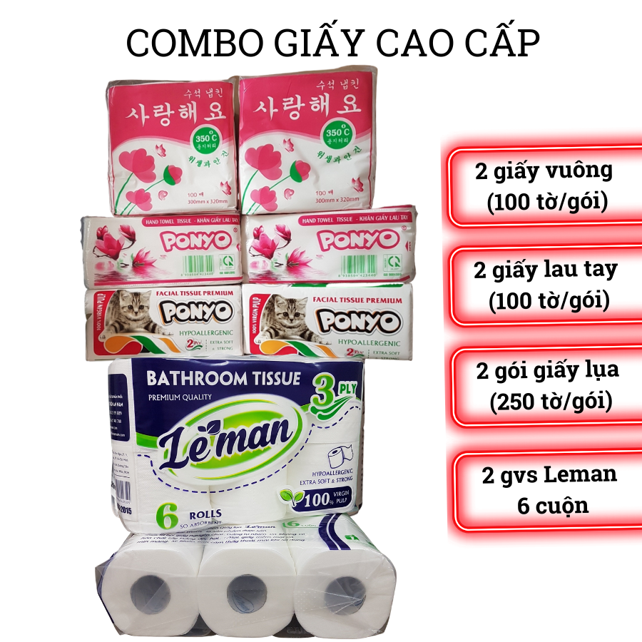 P105 - Combo giấy vệ sinh, khăn giấy lau mặt, khăn giấy lau tay, khăn giấy vuông cho gia đình