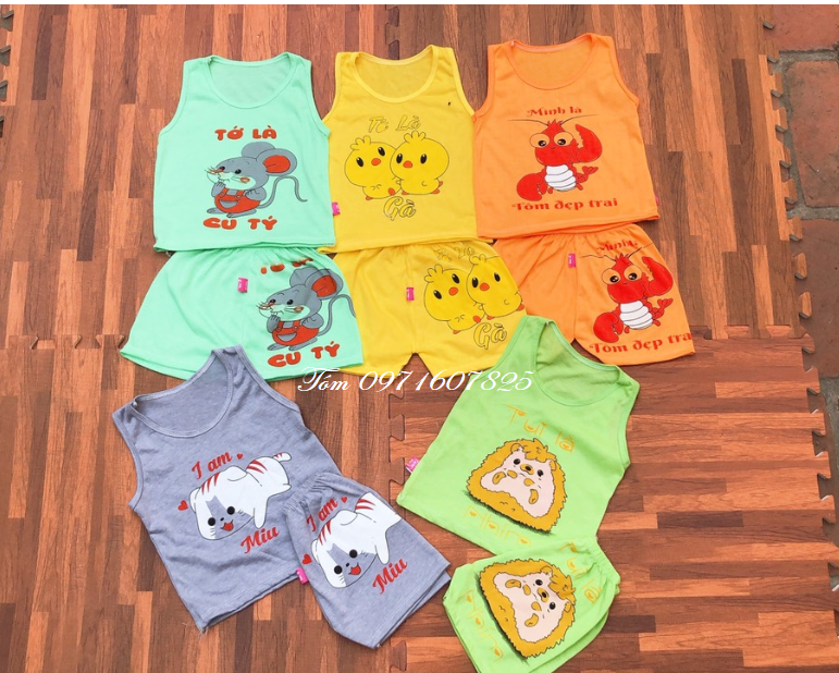 [Hit Hot] Combo 5 bộ quần đùi áo sát nách họa tiết tôm, con vật hoạt hình cho bé từ 3-14kg