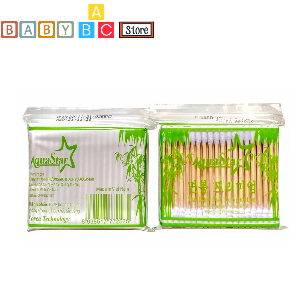 Tăm Bông Ngoái Tai Thân Gỗ Trúc Aquarstar Bịch 100 Que Tăm Bông Ngoáy Tai Người Lớn Cao Cấp 1 đầu tròn 1 Đầu Xoắn