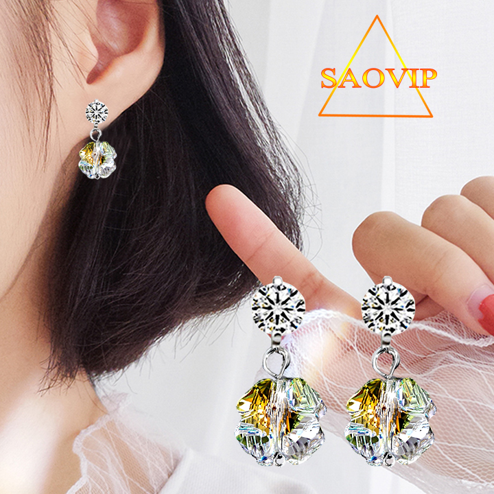 Bông Tai nữ đính đá zircon pha lê swarocski áo cao cấp cánh hoa bốn lá may mắn siêu sáng đẹp - SAOVIP