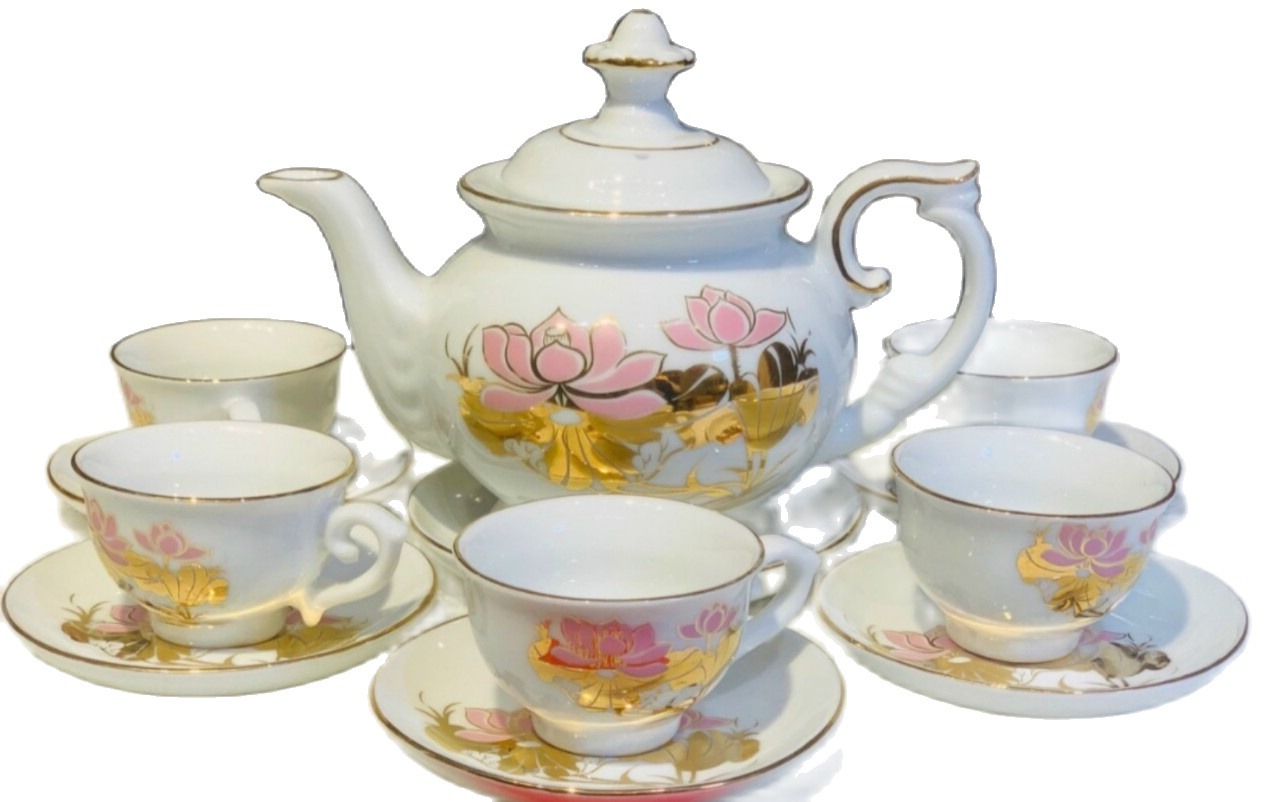 Bộ trà/bộ ấm chén Cát tường, hoa vàng kim, kẻ viền vàng kim, siêu đẹp