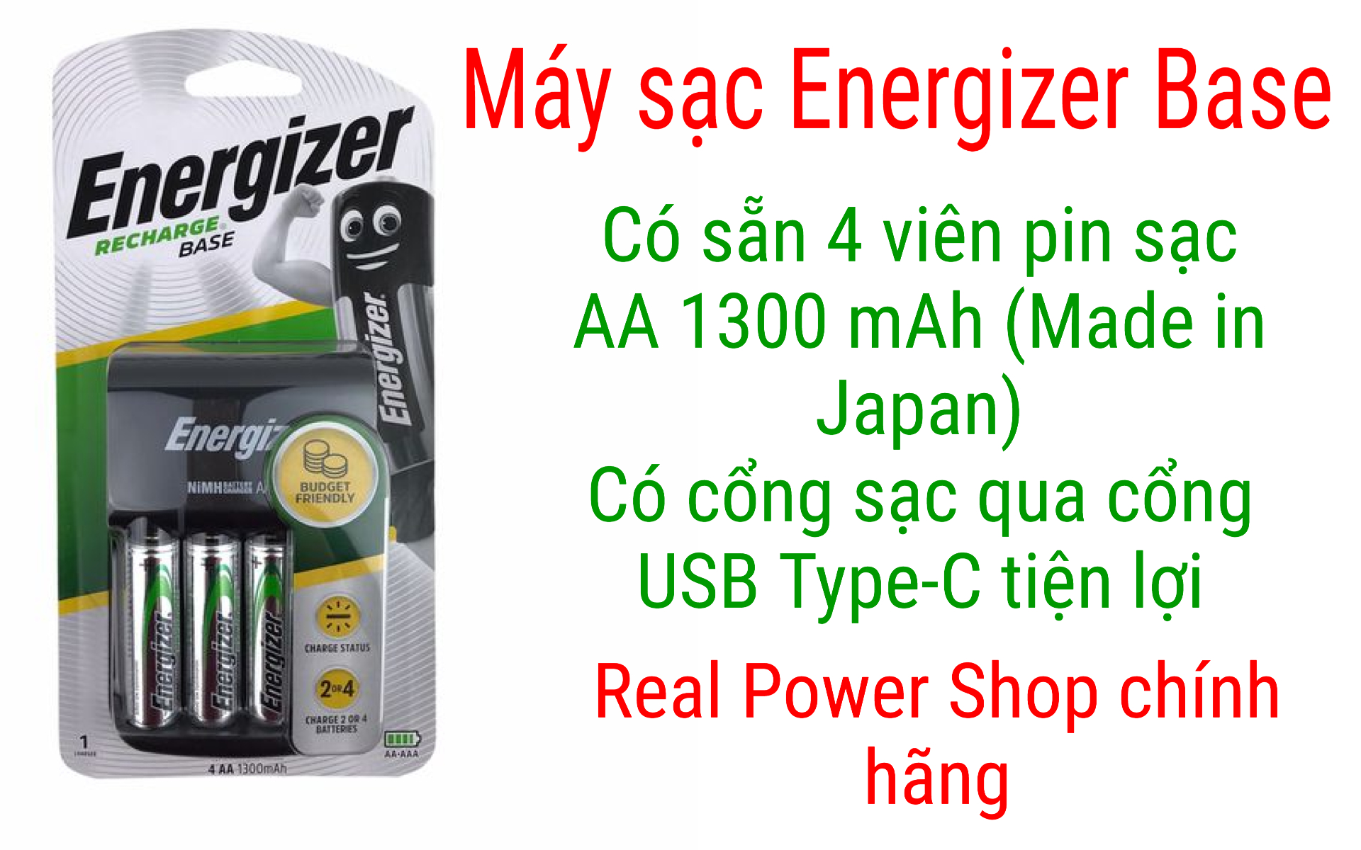 Bộ máy sạc pin aa-aaa energizer kèm 4 viên pin sạc aa 1300mah