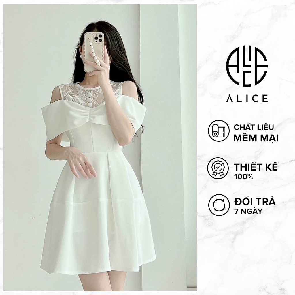 Váy công sở dáng xòe alice chất vải mango lót lụa, thiết kế cổ ren đính cúc thanh lịch sang trọng v834