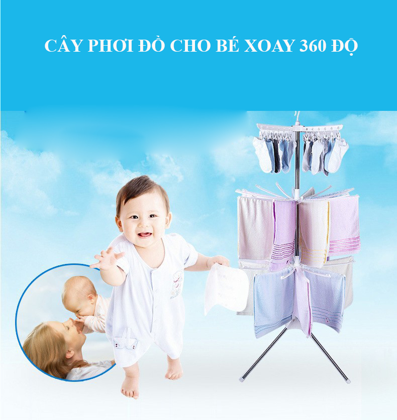 Cây phơi quần áo đa năng cho bé 3 tầng cao cấp, giá phơi đồ 3 tầng, giàn phơi quần áo sơ sinh gấp gọn tiện ích cho gia đình