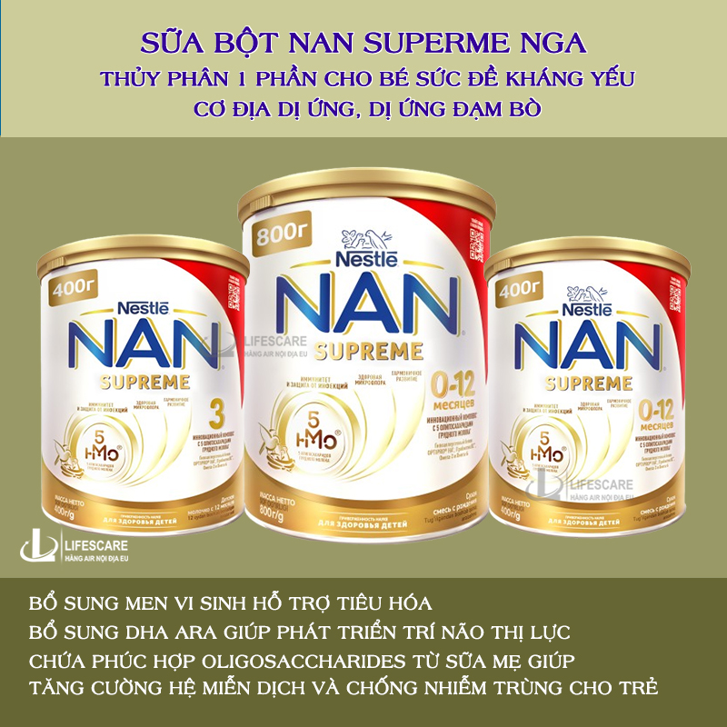 Sữa bột nan Supreme HMO 1 Nga, thủy phân 1 phần cho bé dự ứng đạm bò từ sơ sinh, 400g