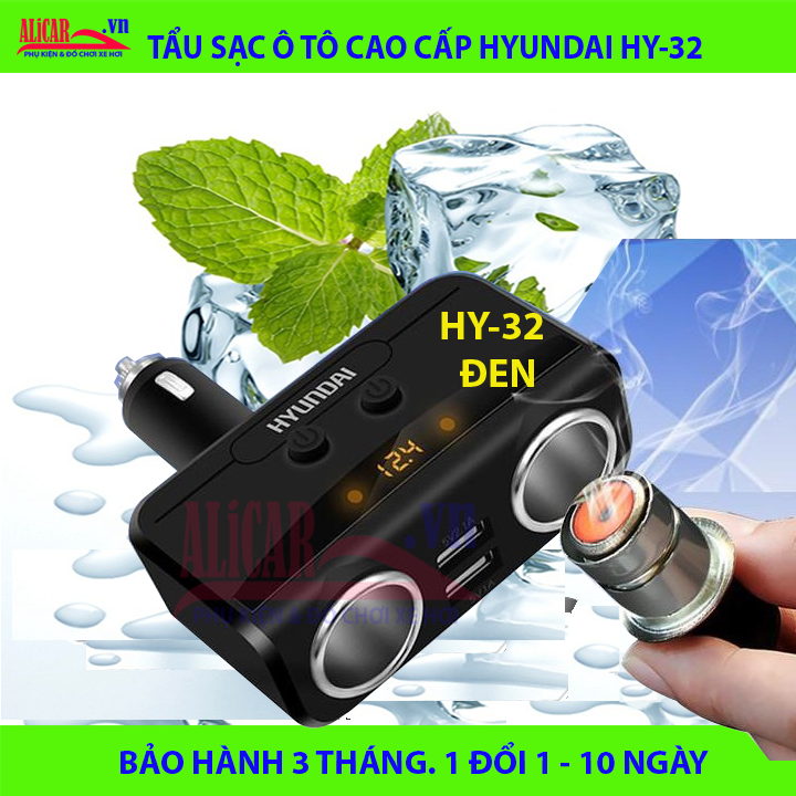 Bộ chia tẩu sạc ô tô HYUNDAI HY-32 - ĐEN: Tẩu sạc nhanh 3.1A, ra 2 cổng USB + 2 tẩu, phát hiện điện áp