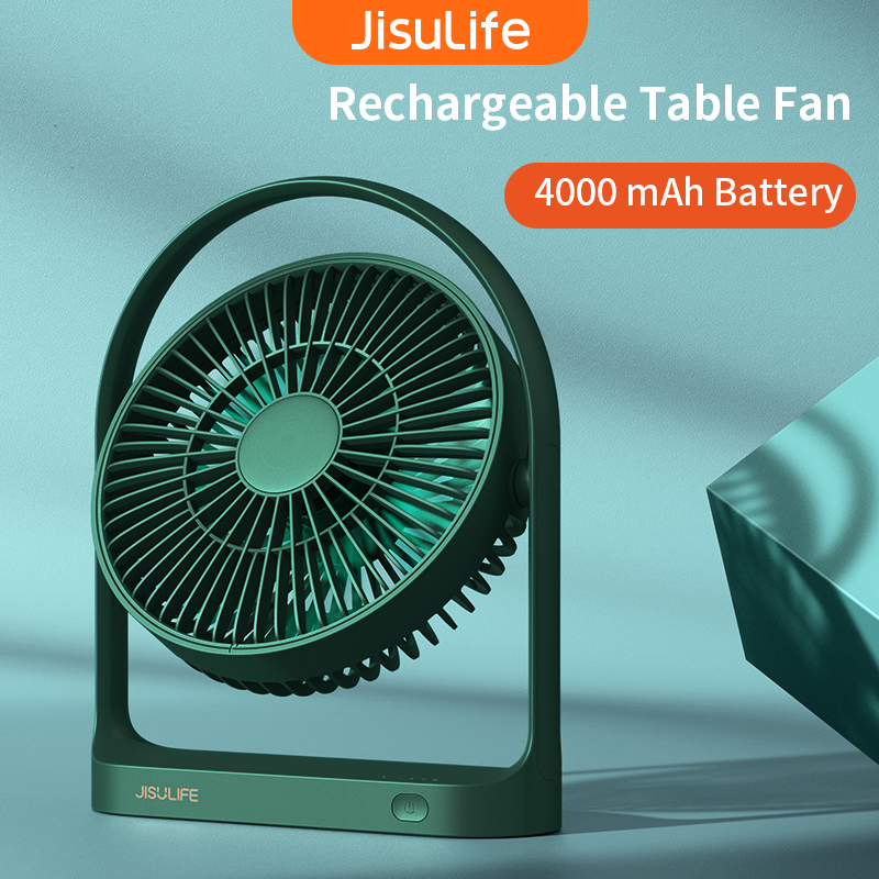 JISULIFE Upgraded desktop fan Rechargeable desk fan wireless fan 4000mAH table fan with 4 gear wind speed, 270 degree rotatable fan portable fan compact and exquisite fan produce natural wind