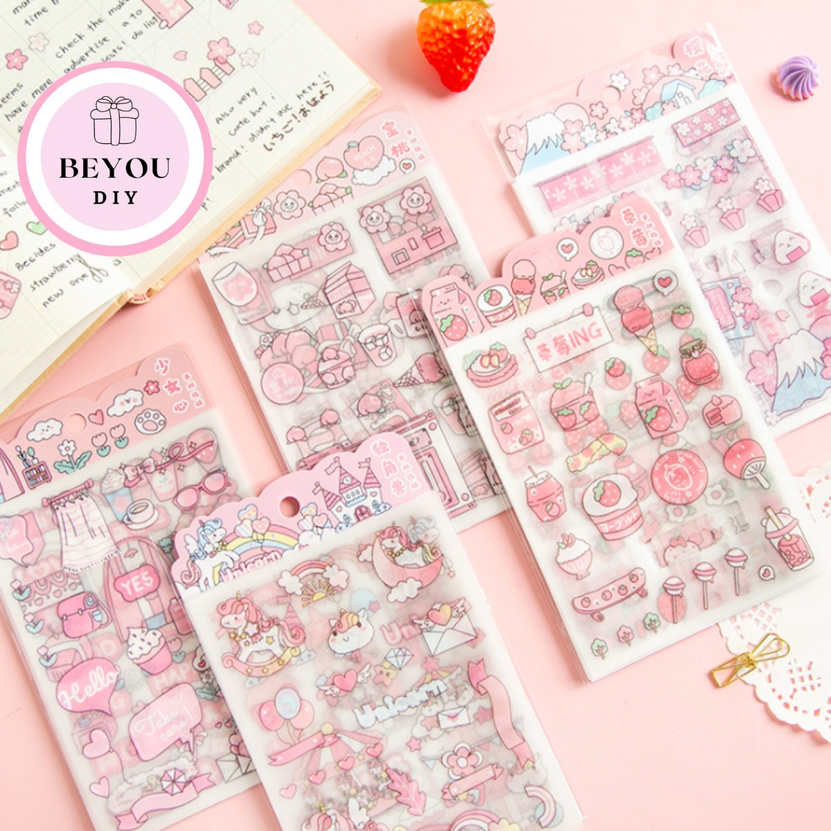Set 4 Tờ Nhãn Dán Trang Trí Dễ Thương Cho Sổ Tay - STYLE_B , Sticker Trang Trí Dễ Thương Phong Cách Màu Hồng - BEYOU