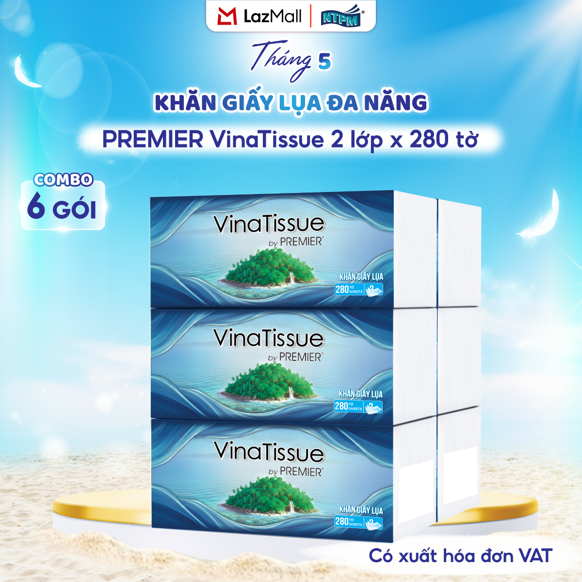 [COMBO 6 GÓI] Khăn giấy lụa đa năng PREMIER VinaTissue, 2 lớp – 100% bột giấy nguyên sinh, không chất tẩy, 280 tờ/gói – Chính hãng