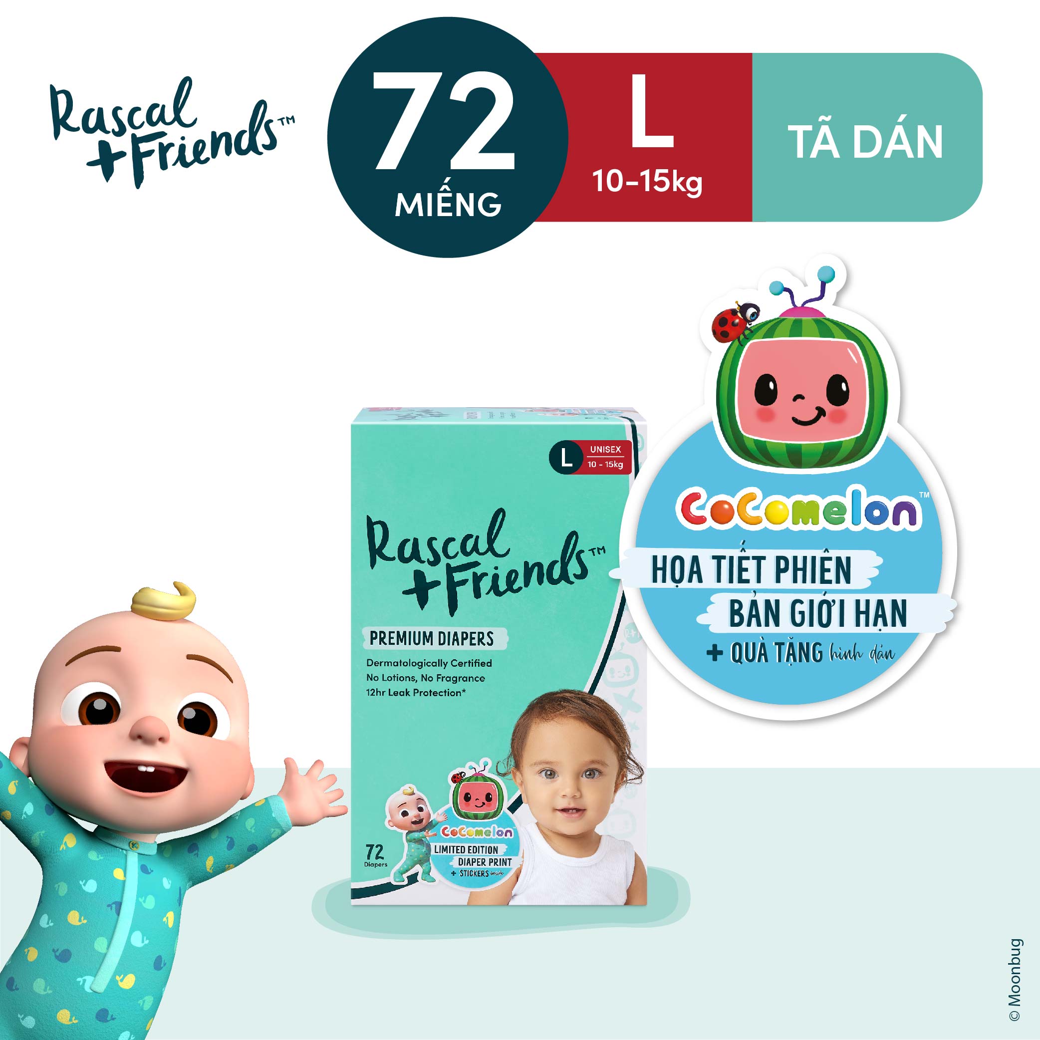 Thùng tã/bỉm dán rascal & friend cocomelon cho bé 10kg - 15kg - size l 72 miếng