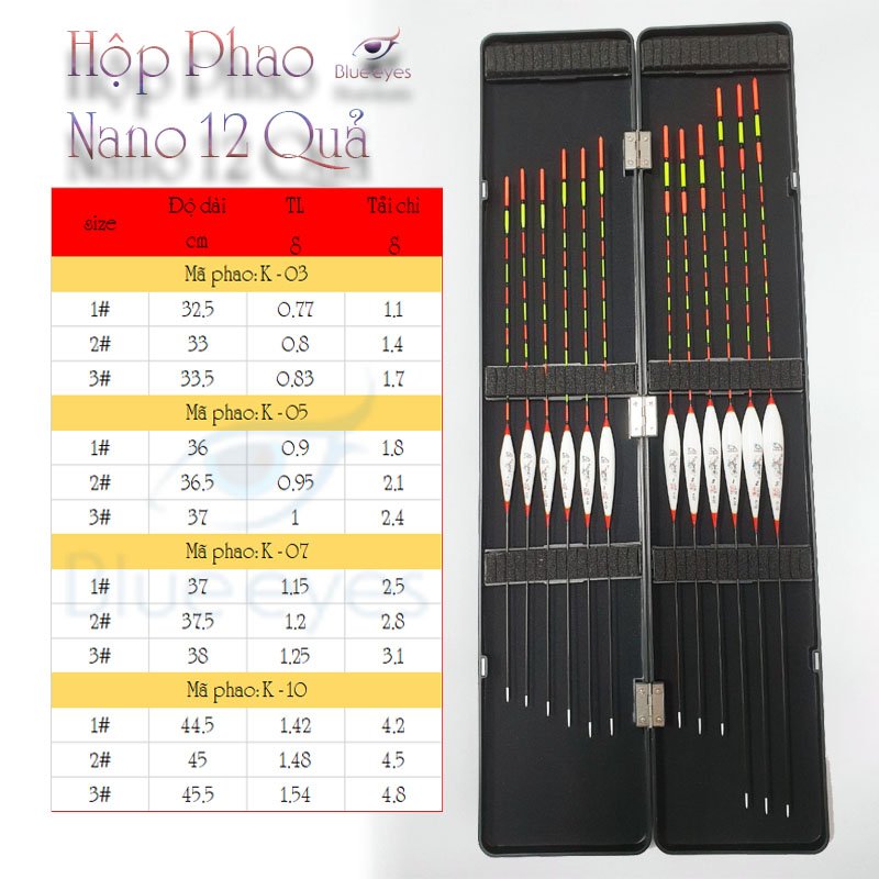 Hộp phao - Hộp phao câu đài Nano 12 quả Blue eyes đầy đủ thông số, nhạy cá tín hiệu chuẩn PK16
