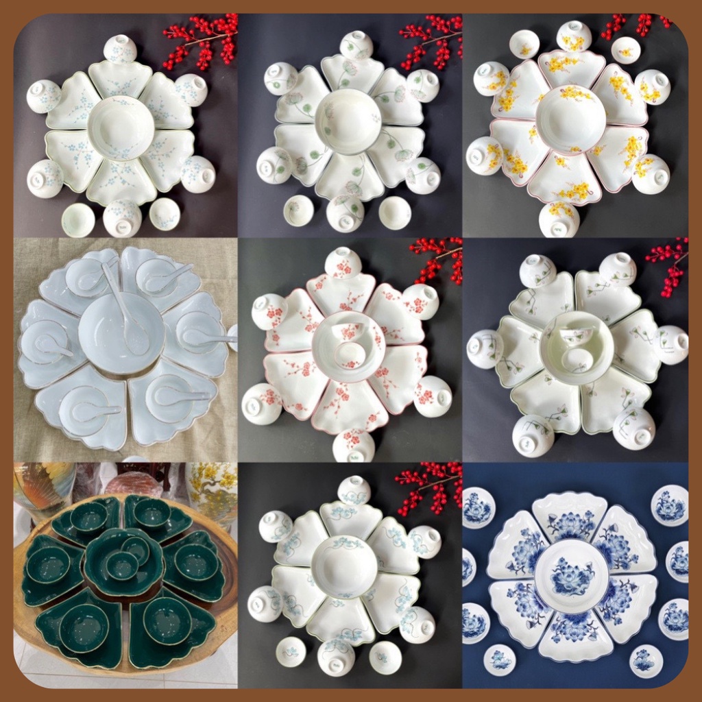 Bộ bát đĩa cúng gia tiên đào, mai, sen, nhiều mẫu mã, bộ hoa mặt trời thắp hương rằm, tết, 15 chi tiết size 45cm, 55cm - gốm sứ bát tràng