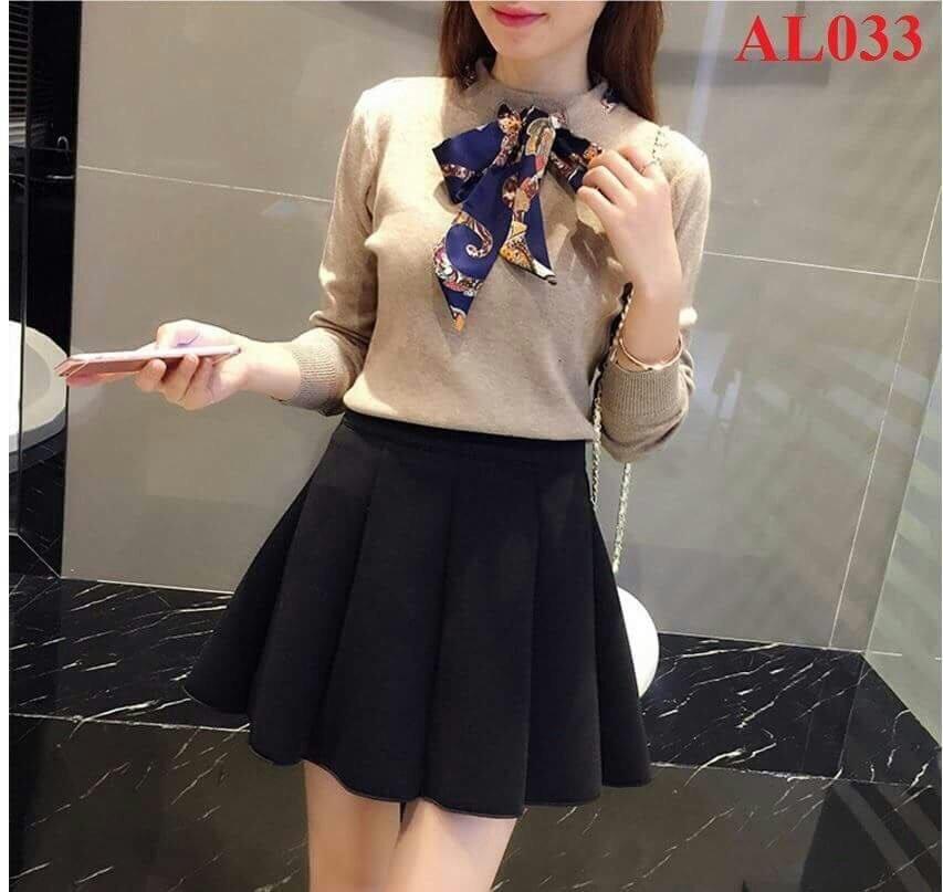 Áo Thun Tay Dài Dáng Trơn Kết Hợp Dây Thắc Nơ Cổ Thời Trang Thu Đông TTSL0184