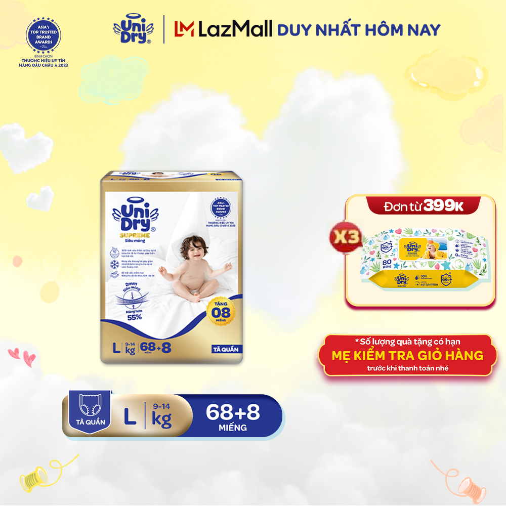 [Siêu mỏng 2mm] Tã quần UniDry Supreme size M76/L68/XL60/XXL54/XXXL22+ 8 miếng