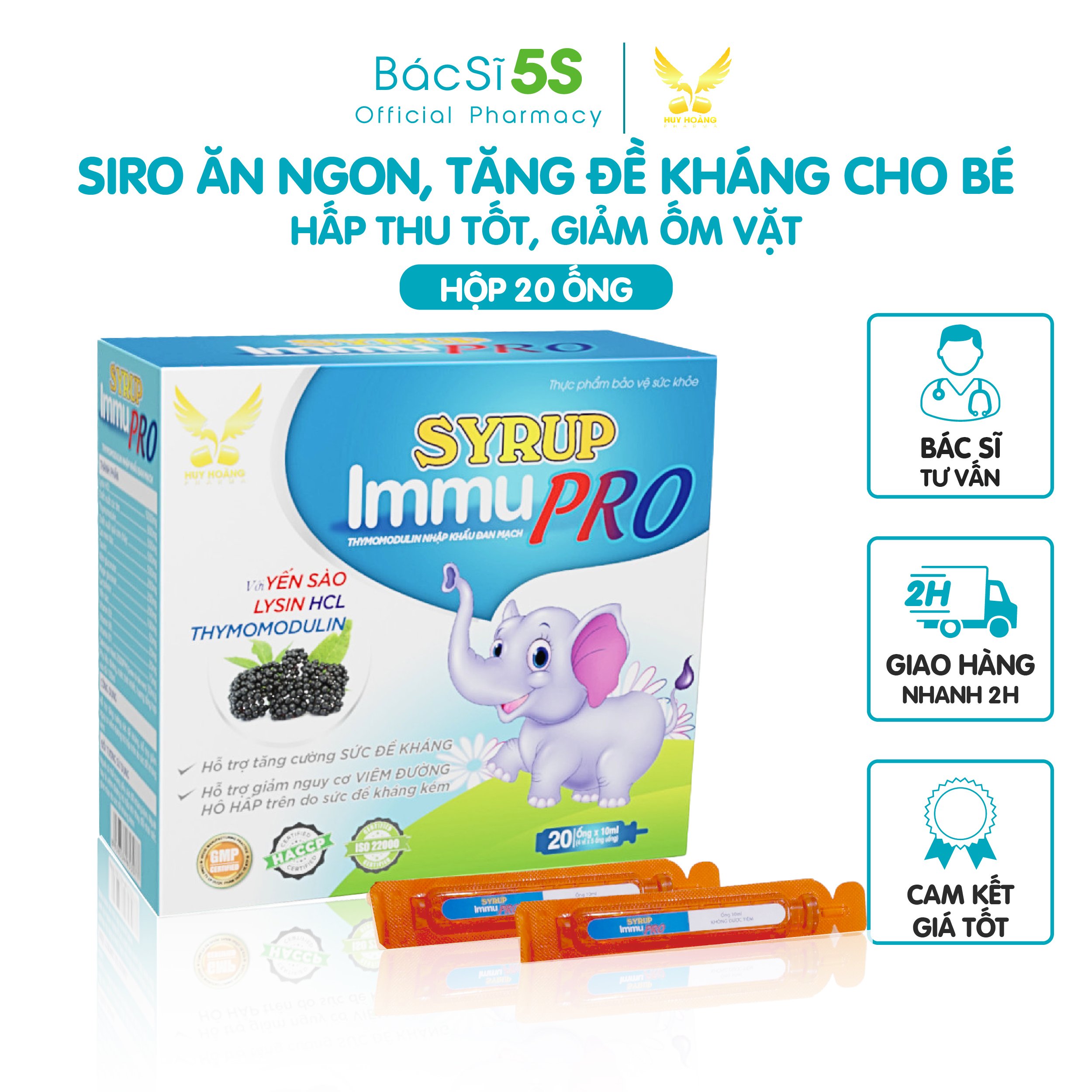 Siro ăn ngon, tăng đề kháng Immu Pro - giúp trẻ ăn ngon, hấp thu tốt, tăng miễn dịch, giảm ốm vặt (Hộp 20 ống)
