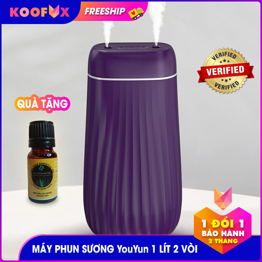 Máy phun sương cao cấp YouYun 1 LÍT - KOOFOX - 2 vòi đèn led - Máy cân bằng độ ẩm không khí.