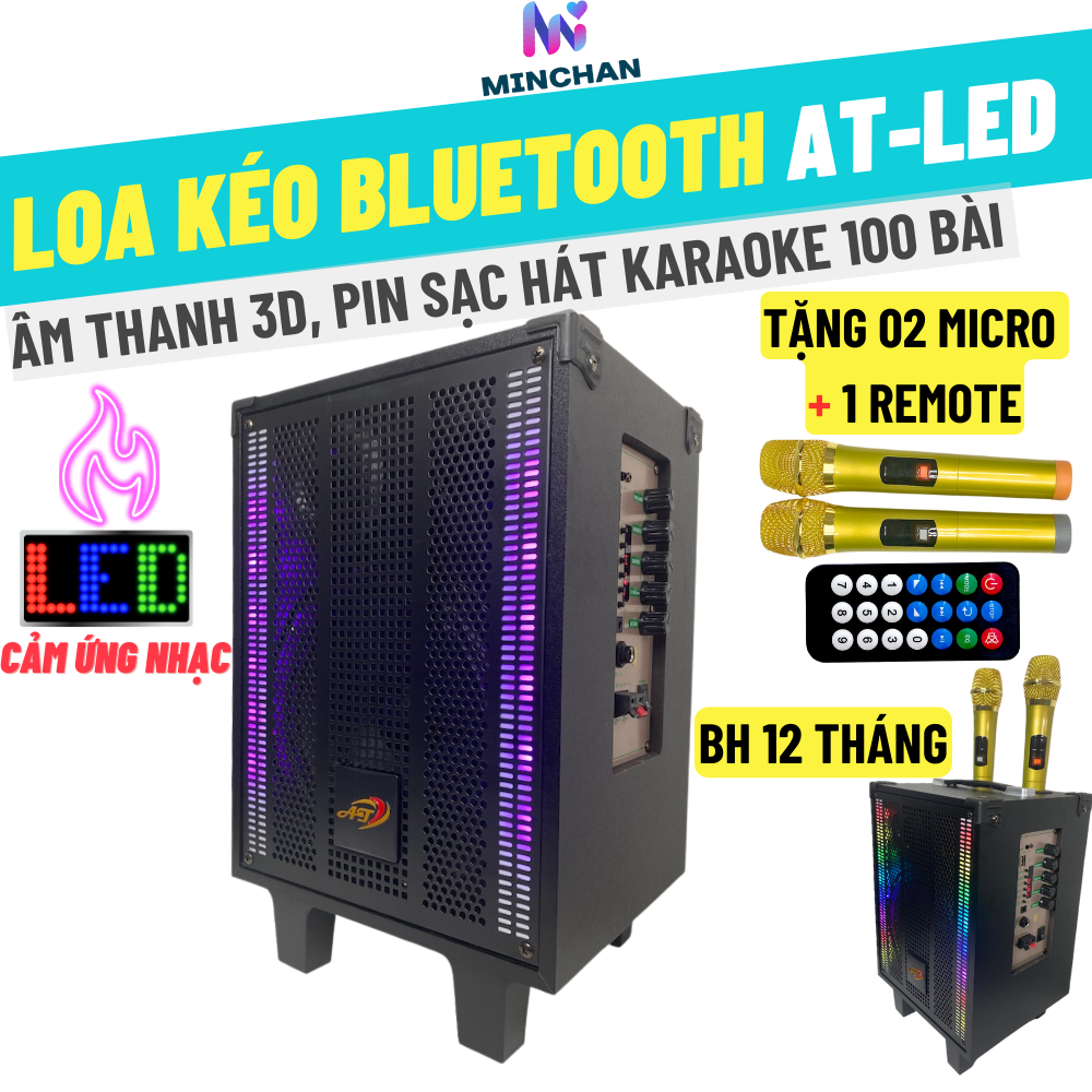 Loa Kéo BlueTooth Karaoke Chuyên Nghiệp AT9-LED Minchan Tặng Kèm 2 Micro UHF Chống Hú, Chống Nhiễu-BH 12 Tháng