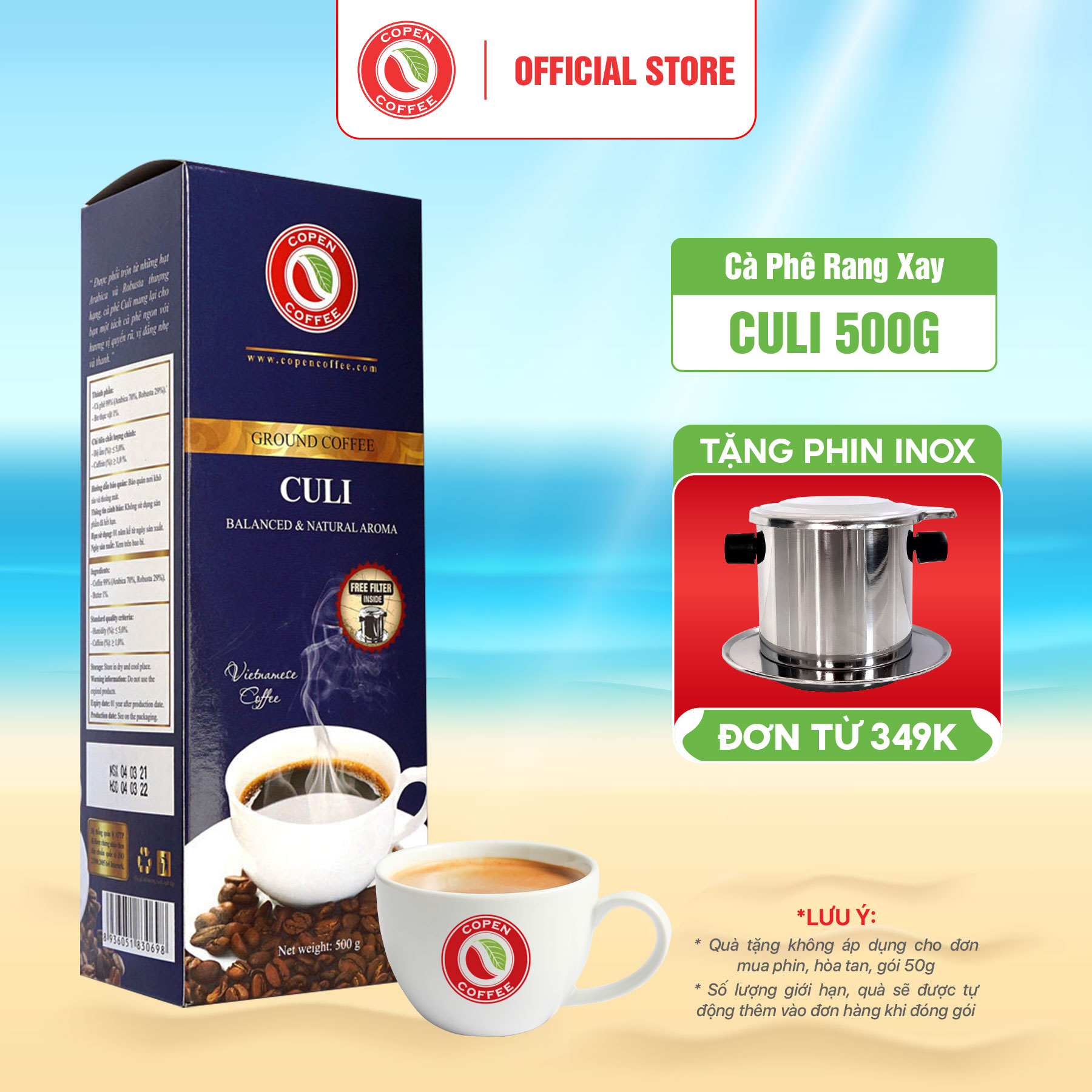 Cà phê phin rang xay truyền thống - Culi Copen Coffee 500G kèm phin Inox - vị đắng vừa, thanh chua, hậu vị thơm lâu