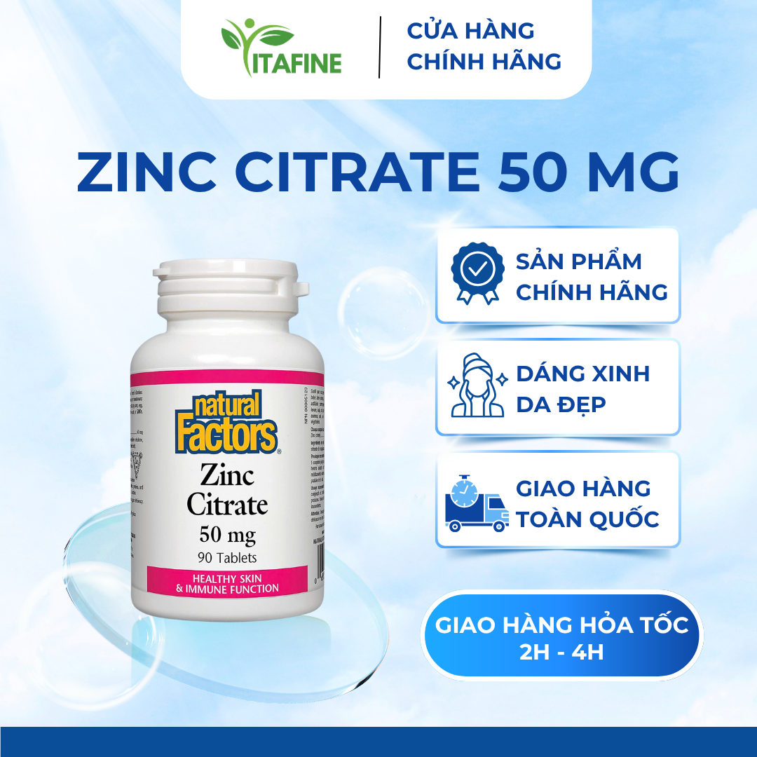 Natural Factors Zinc Citrate – Bổ sung kẽm hấp thu tốt, hỗ trợ miễn dịch và làn da khỏe mạnh