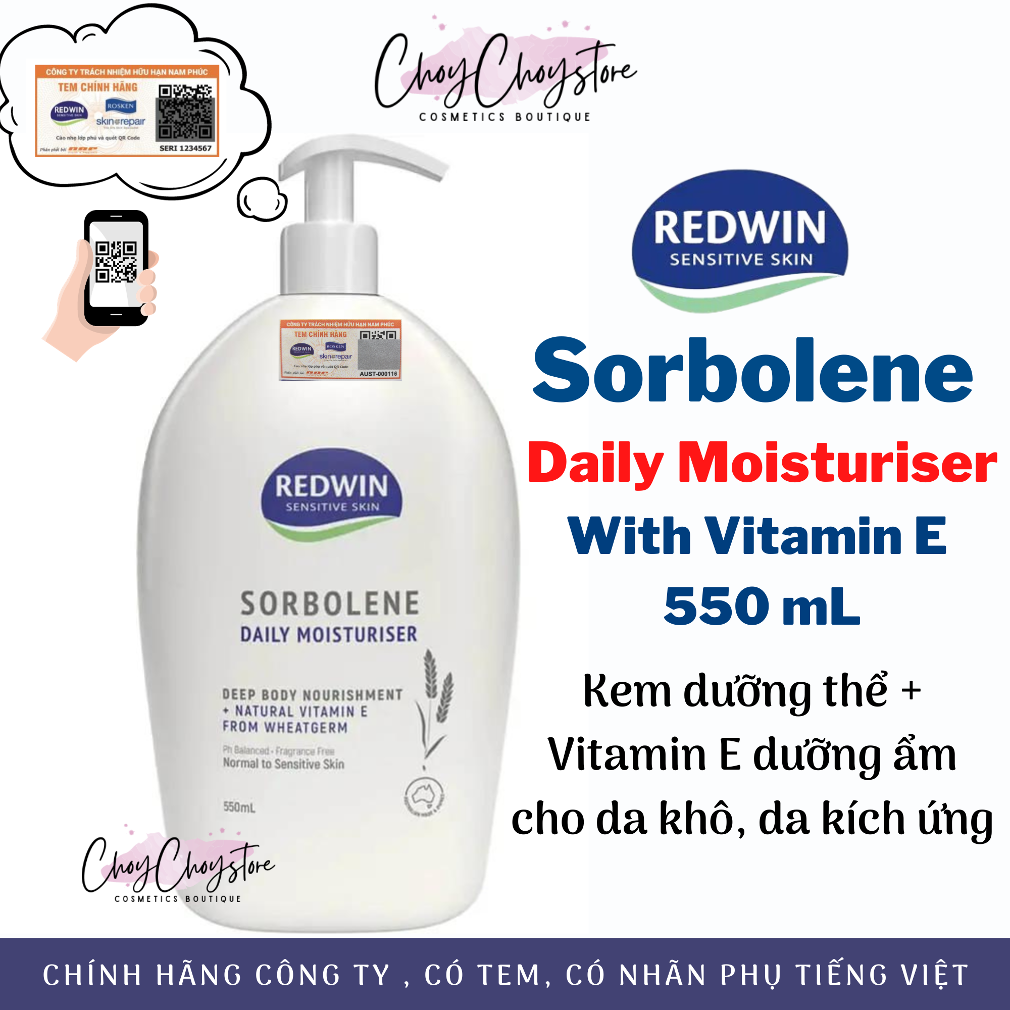Kem dưỡng redwin daily moisturiser with vitamin e 550ml cho da khô, chàm, da kích ứng