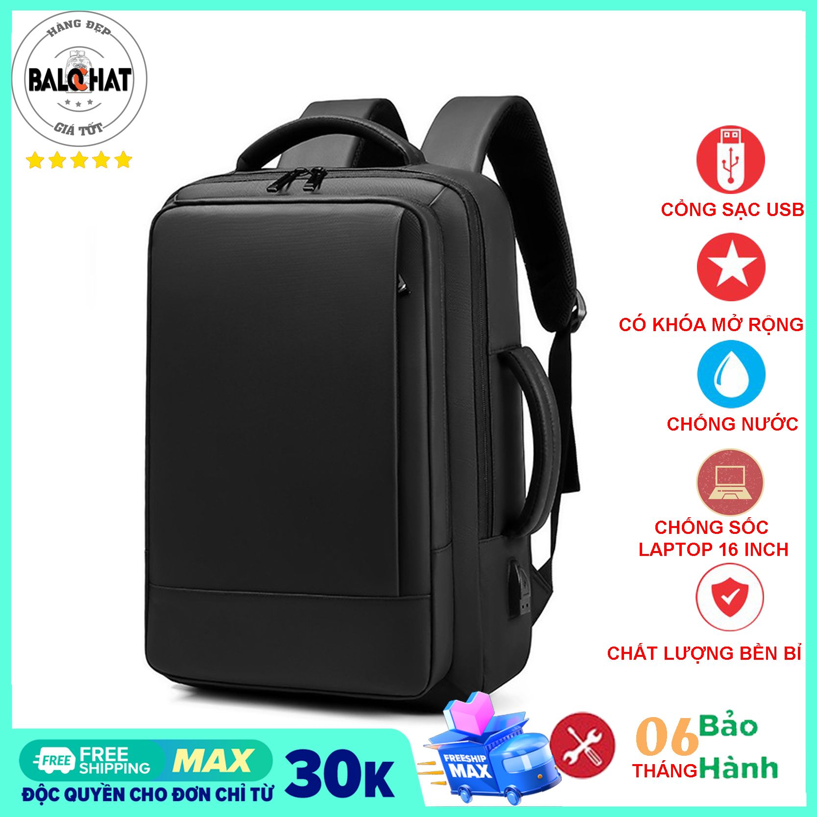 Balo laptop cao cấp 16 inch có khóa mở rộng, kiểu dáng thời trang, vải không thấm nước, có cổng USB
