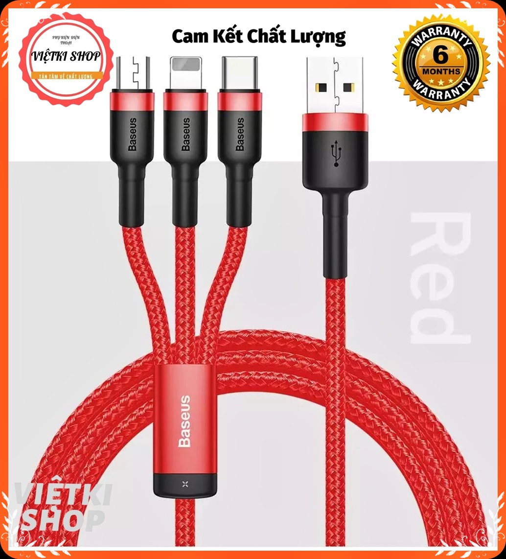 Cáp sạc 3 đầu Basesus Kevlar 3 trong 1 Cáp sạc đa năng sạc nhanh đầu USB Type C cho Samsung S9 S10 X