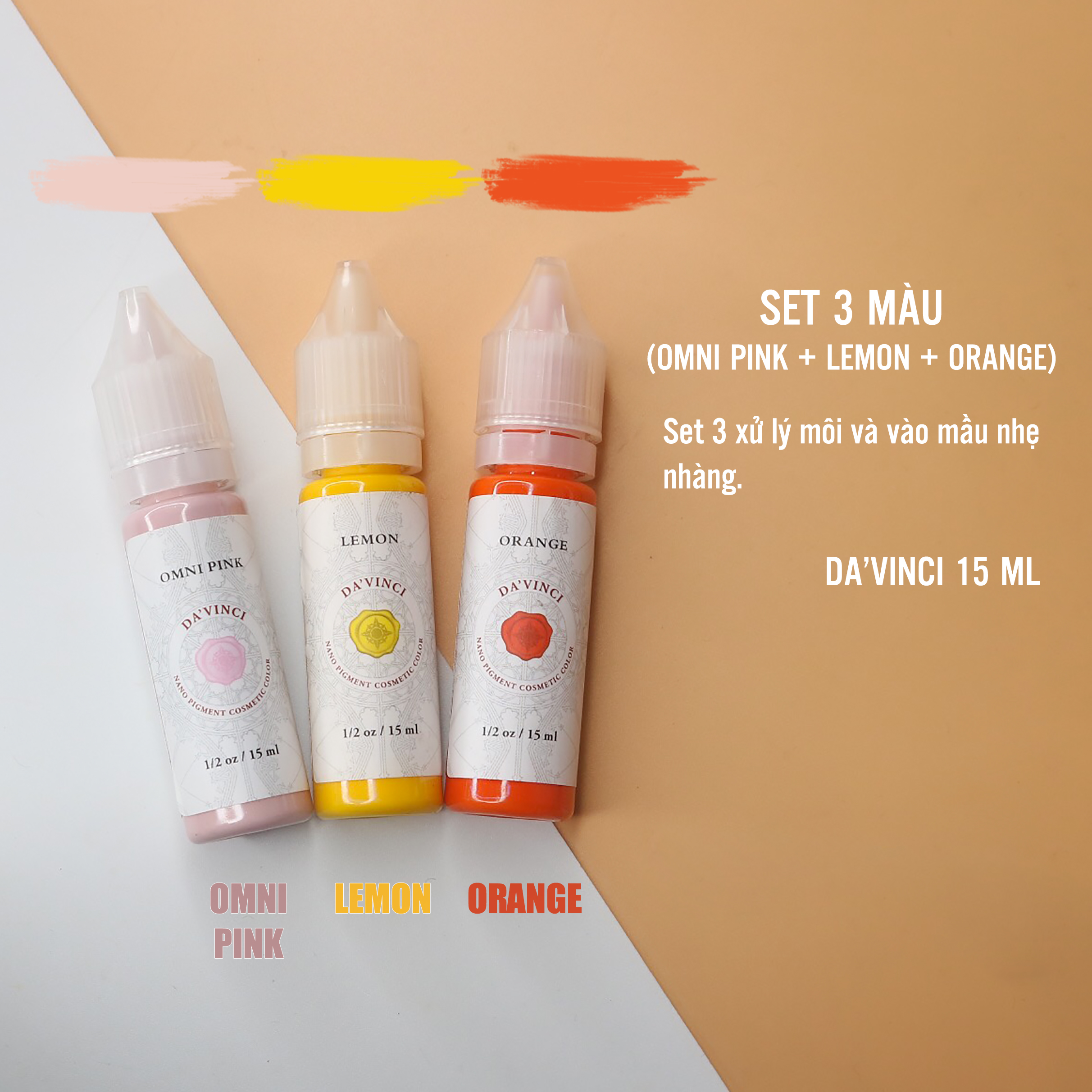 Set 3 mưc xăm màu hồng + vàng + cam davinci