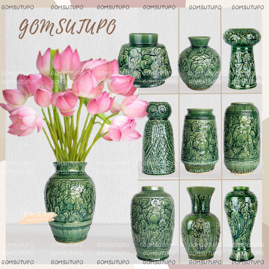 Bình hoa gốm Phù Dung Men Ngọc Lục Bảo Gốm Sứ TUPO, lọ hoa decor trang trí Bát Tràng