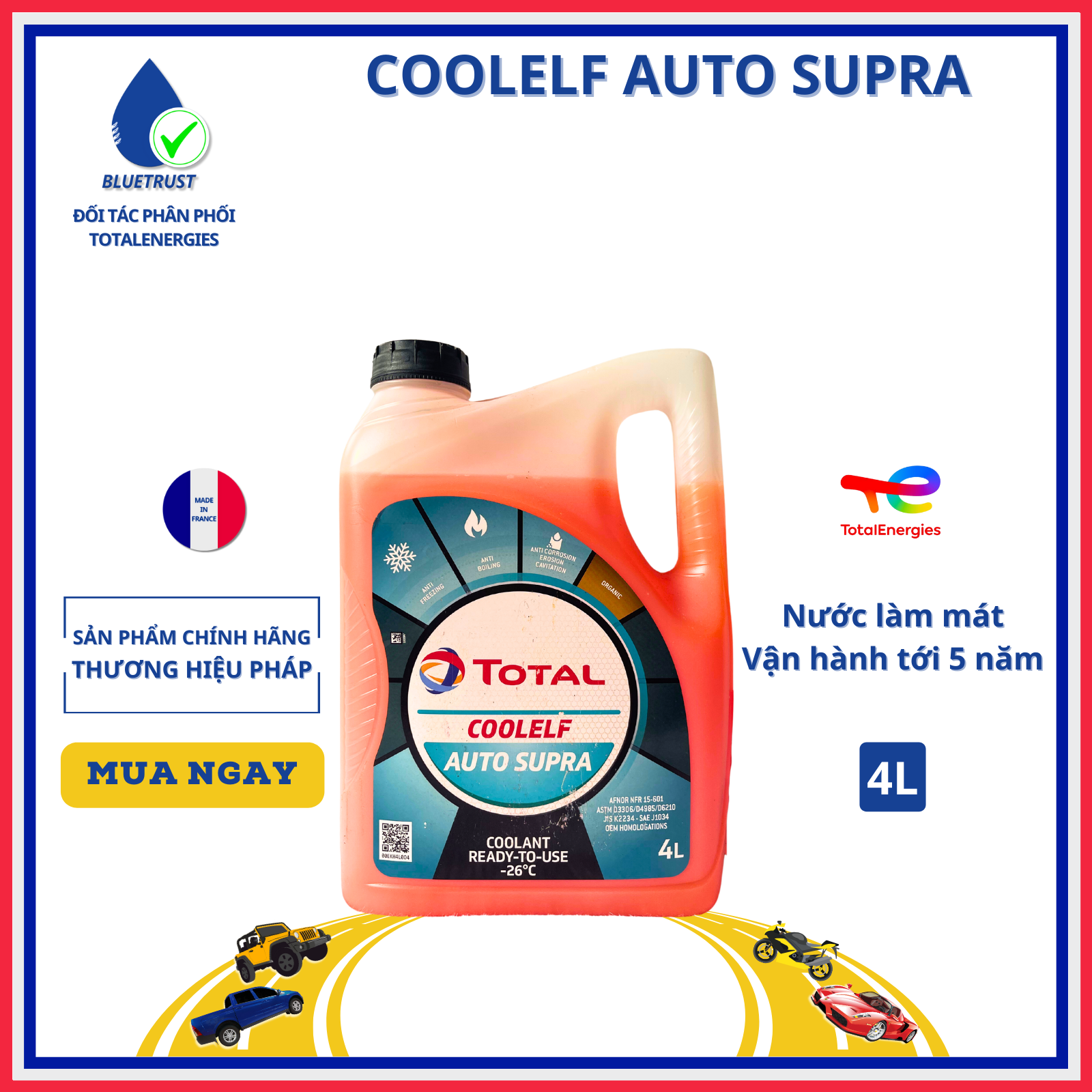 Nước làm mát màu hồng total coolelf auto supra -26°c - 4 lít