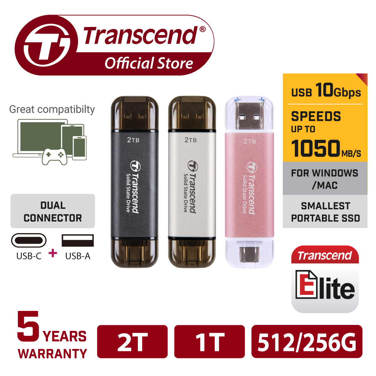 Ổ cứng gắn ngoài esd310, usb 10gbps, type c/a, up to 1050 mb/s, transcend - hàng chính hãng