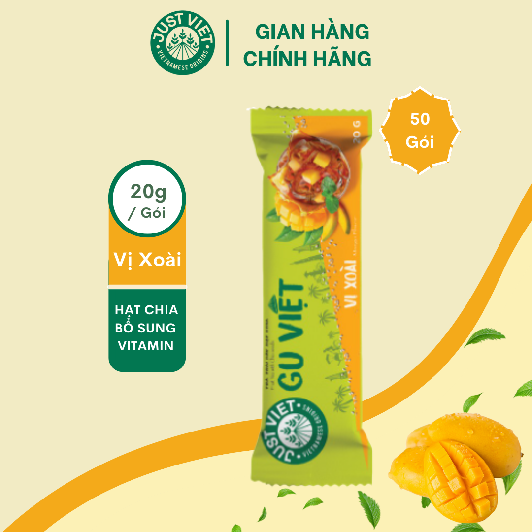 50 Gói Trà Trái Cây Hạt Chia Just Viet - VỊ XOÀI - Thơm Ngon Đậm Vị - 50 GÓI x 20g