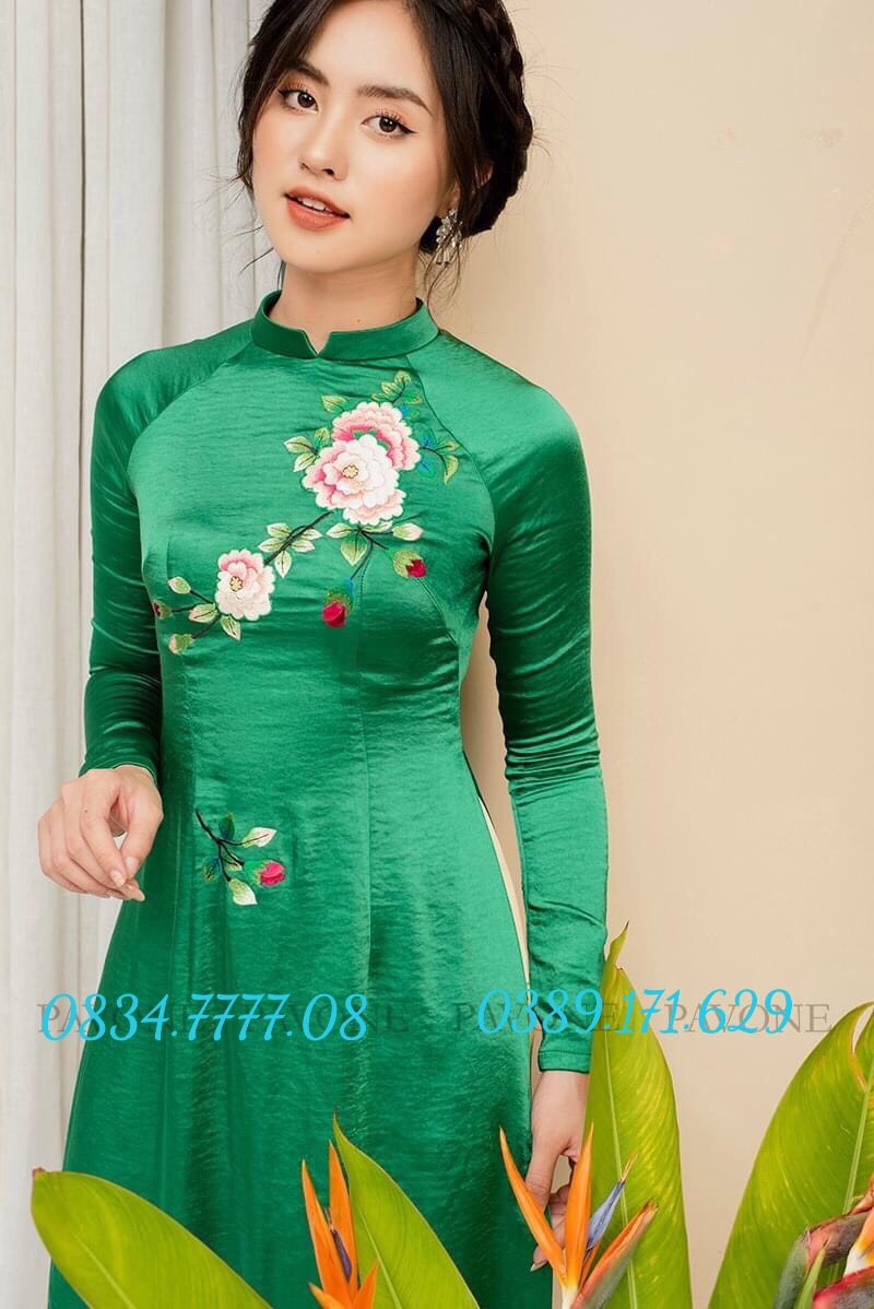 [Top1 Áo Dài Viêt Nam]  Áo dài tây thi xanh lá thêu hoa thanh lịch, sang trọng, siêu rẻ, siêu đẹp, Áo dài lụa tây thi - Ảnh shop tự chụp