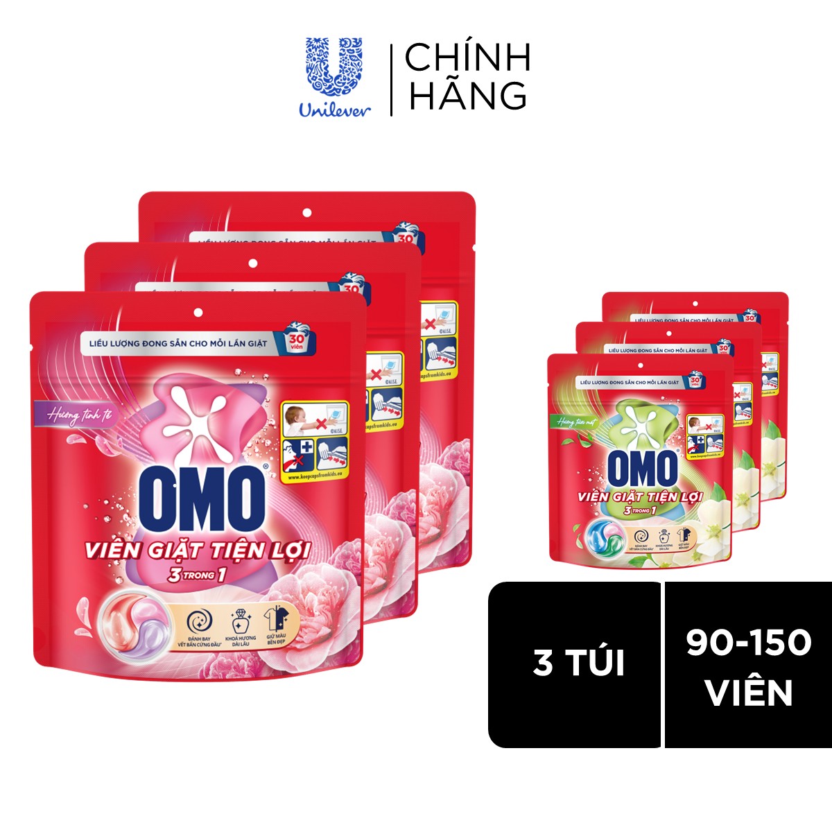 Combo túi viên giặt tiện lợi OMO 3 trong 1 Hương Tinh Tế/Tươi Mát 30-50 viên/túi (bao bì tùy lô nhập hàng)