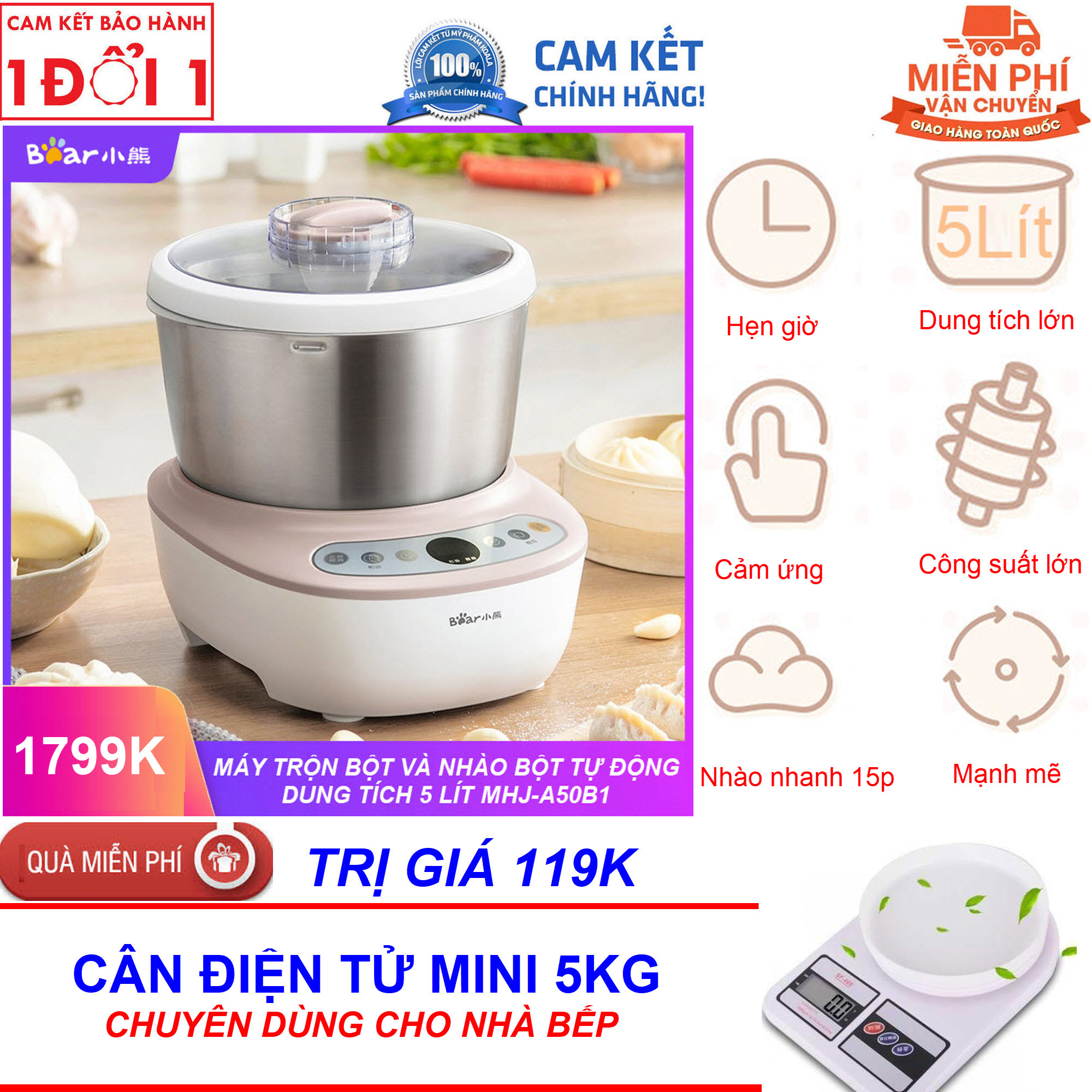 Tặng Cân Mini Cân Bột Trị Giá 119K - Có Sẵn Hàng - Cách sử dụng Máy trộn và nhồi bột Bear HMJ-A50B1 (5L) - Máy Nhào bột, ủ bột và làm bánh Bear HMJ-A50B1 (5L) năm 2018