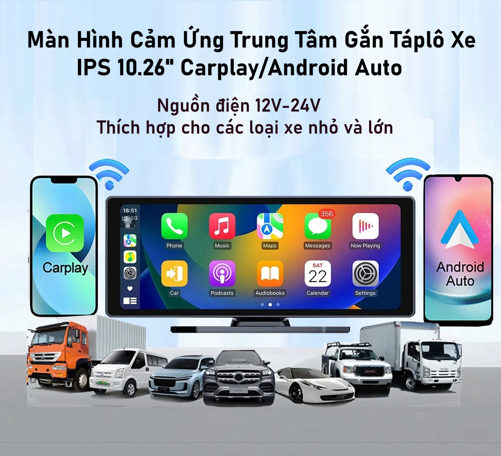 Màn Hình Trung Tâm Gắn Táp Lô Xe 12V/24V IPS Cảm Ứng 10.26 Inch Wifi Bluetooth Hỗ Trợ Carplay/Android Auto