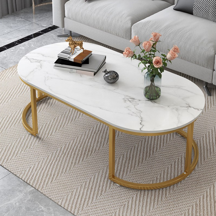 Bàn trà sofa hình elip, bàn sofa hoa văn vân đá chống xước chống nước bề mặt sáng bóng kích thước 120cm*40cm