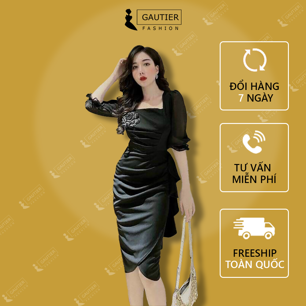 Đầm nữ - đầm body dự tiệc thiết kế nhún bèo thân phối tay voan thời trang gautier