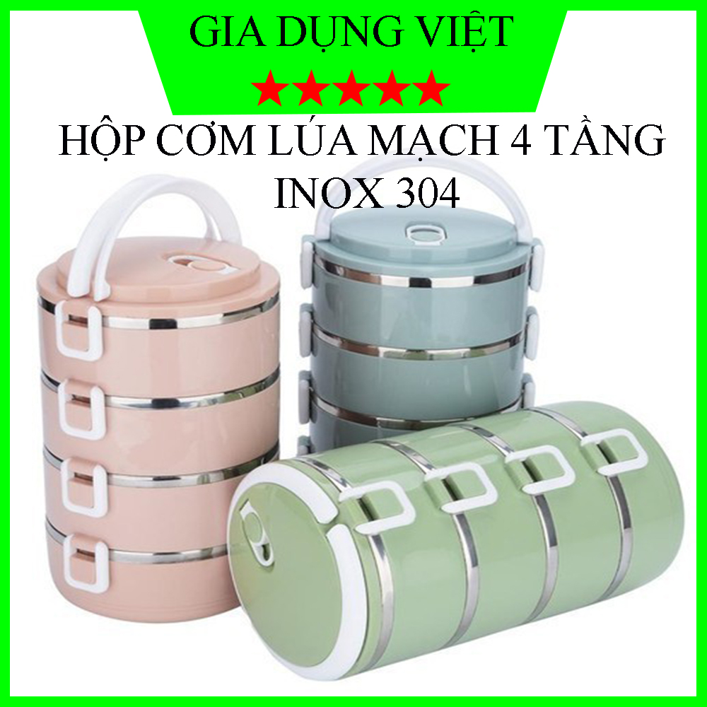 [SALE SỐC] HỘP CƠM 4 TẦNG LÚA MẠCH LÕI INOX 304 CAO CẤP GIỮ NHIỆT CỰC TỐT - CÀ MEN ĐỰNG CƠM CÓ KHÓA CHỐNG TRÀN 2.8L