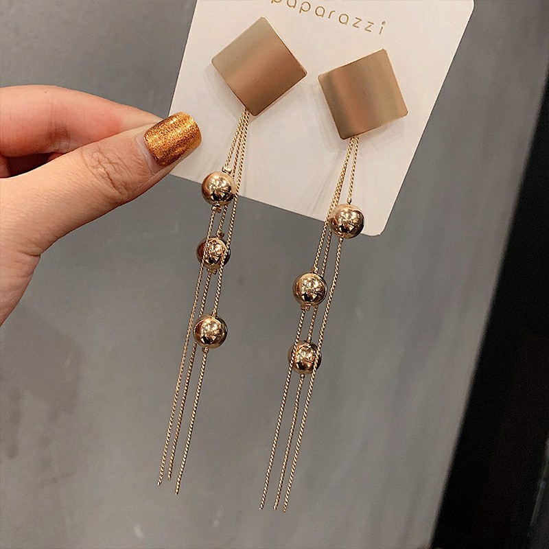 Bông tai bạc 925 mặt vuông trơn dáng dài thanh lịch