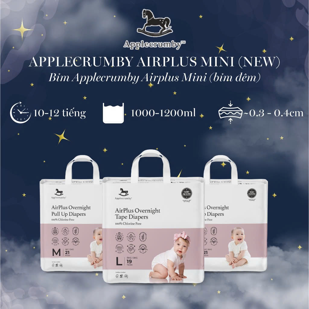 Tã dán/quần Đêm Applecrumby Mini, tã ngựa siêu thấm hút, khô thoáng đủ size thùng 2 gói Keroshop