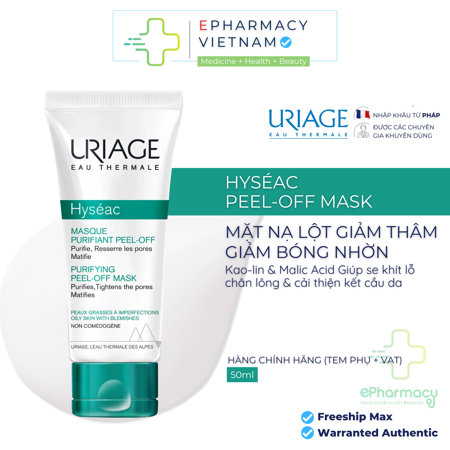 Mặt Nạ Lột Uriage Hyseac Masque Purifiant Peel-Off se khít lỗ chân lông cho da dầu, mụn 50ml